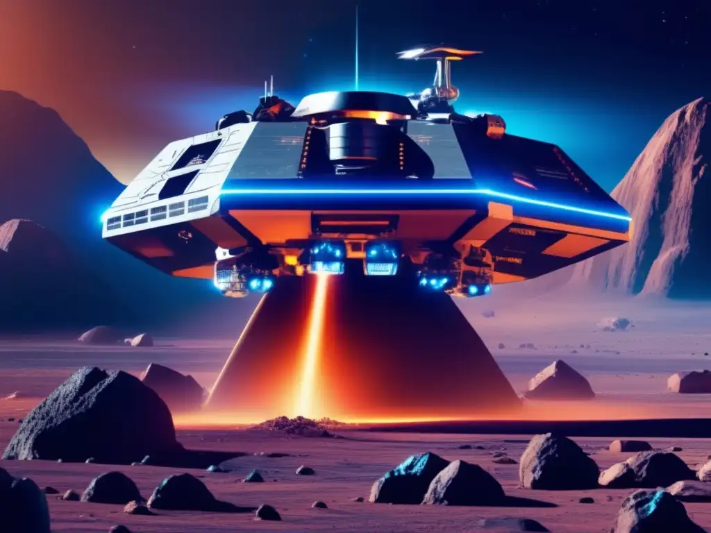 Futuro minero espacial en asteroide distante Beneficios mineros en el espacio: operación futurista en asteroide con nave gigante, recursos valiosos y astronautas avanzados