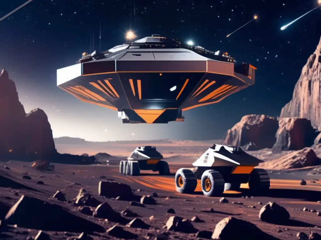 Beneficios reales de la minería espacial en una impresionante imagen de una operación futurista de minería espacial en un vasto campo de asteroides