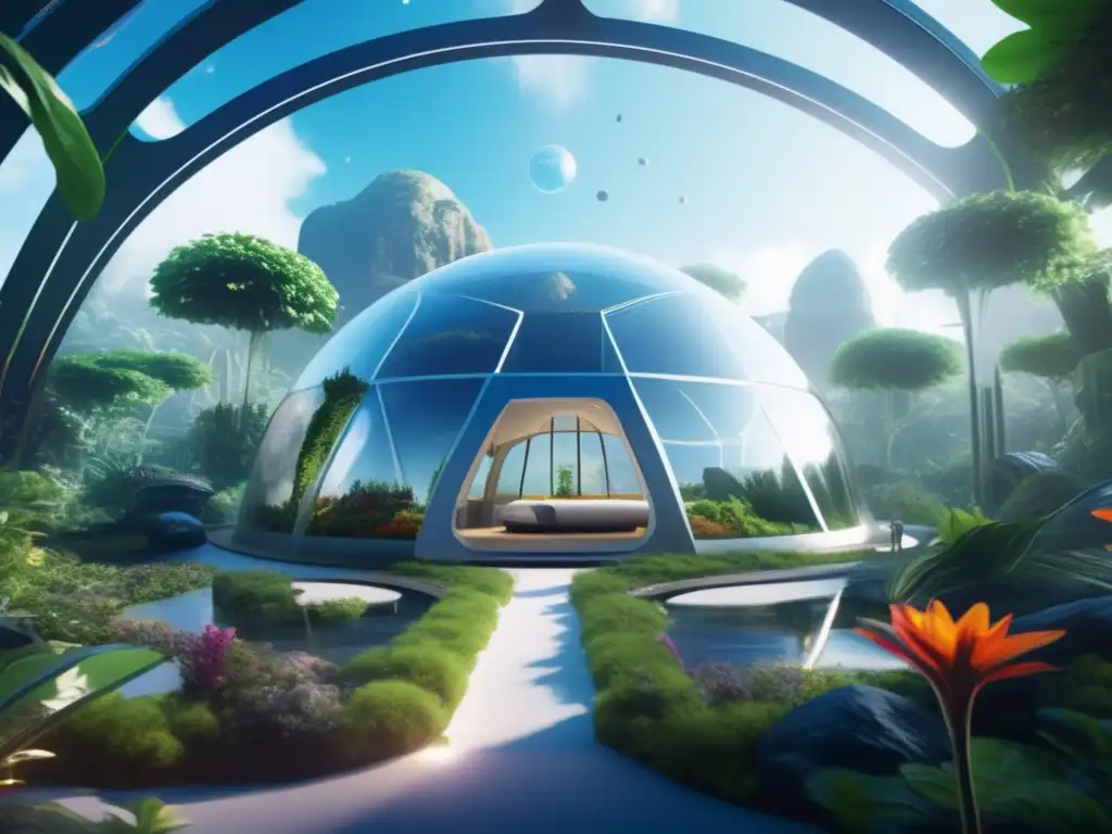 Biodomo futurista en el espacio Un biodomo futurista flotante en el espacio, en un asteroide