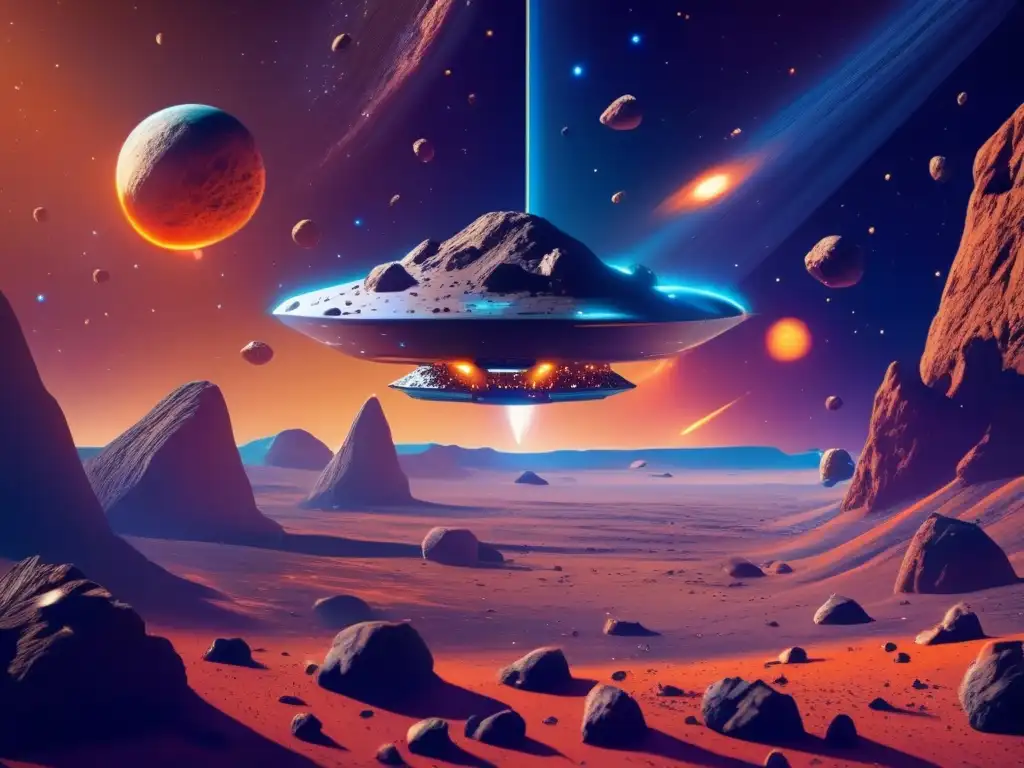Exploración científica de asteroides en el espacio Investigación biopolímeros asteroides - Imagen épica del espacio con asteroides de colores vibrantes y una nave espacial avanzada para investigación