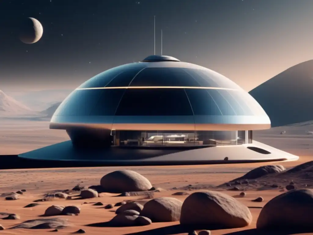Laboratorio futurista en asteroide Investigación de biopolímeros en asteroides: laboratorio espacial futurista con científicos y tecnología avanzada