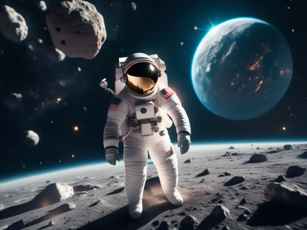 Biotecnología en asteroides: Experimentos en microgravedad con astronauta en traje espacial, instrumentos científicos y asteroide imponente