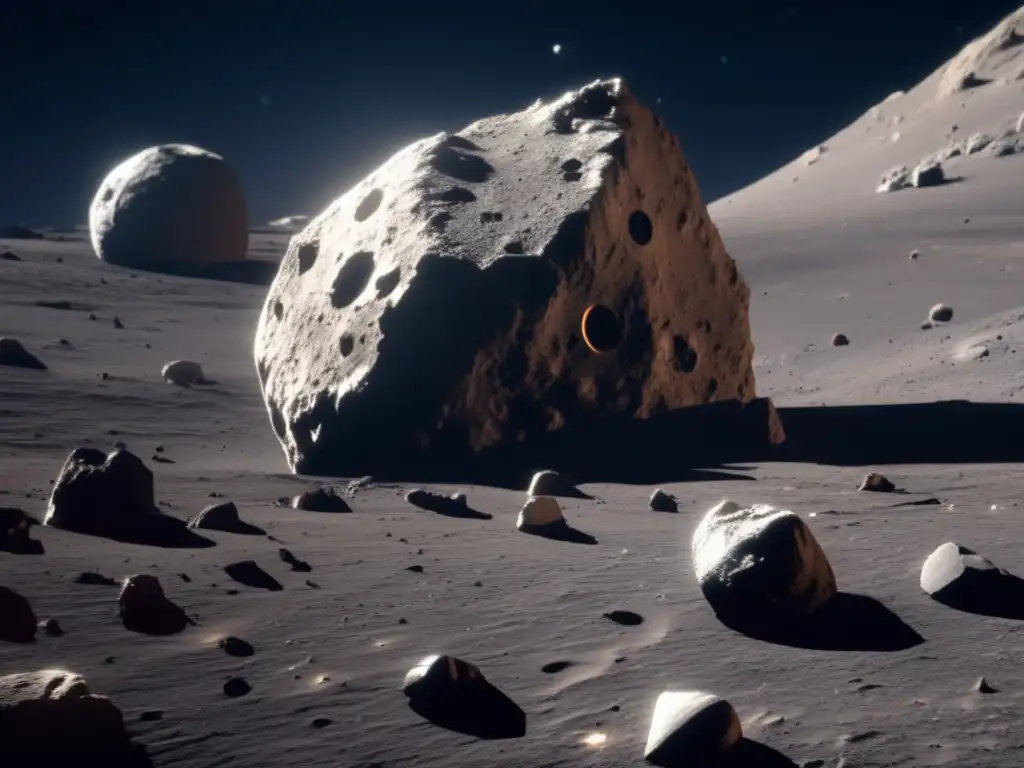 Rocosa superficie de asteroide C, búsqueda de agua Búsqueda agua en asteroides C: superficie rocosa, cráteres, brazo robótico