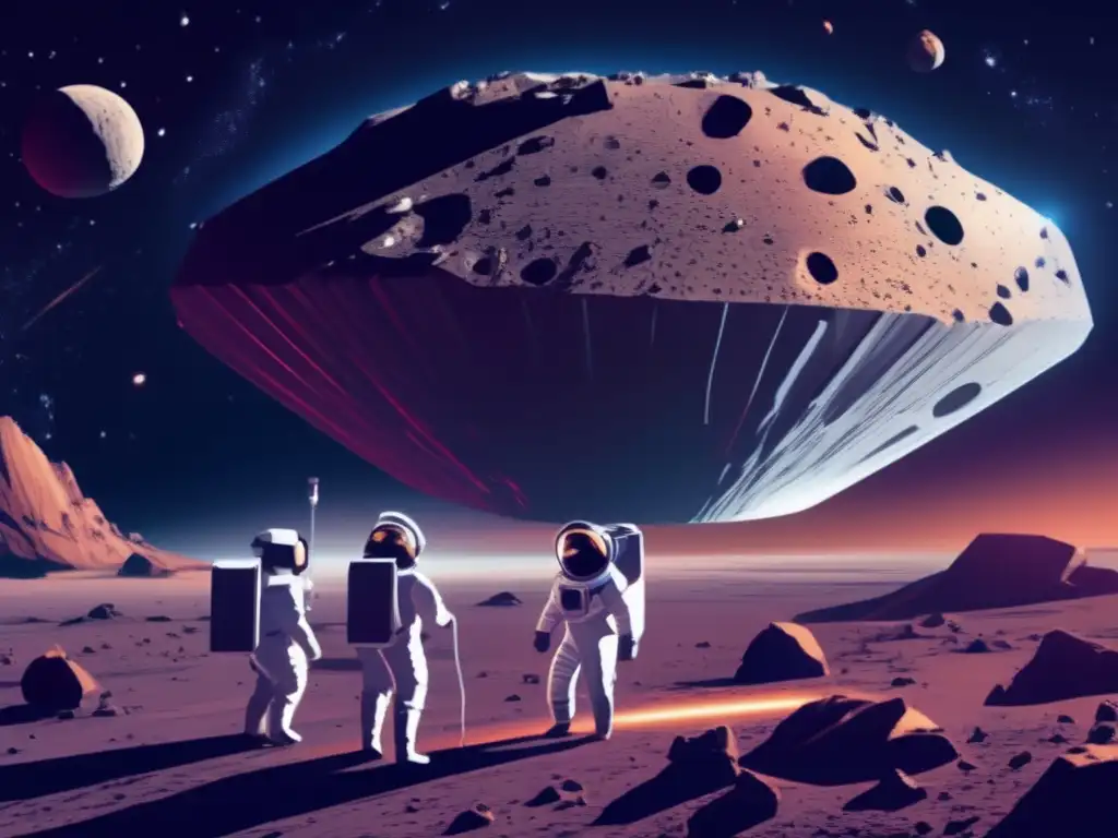 Exploración espacial en asteroide Búsqueda de agua en asteroides tipo C: Sonda espacial, científicos y paisaje estelar en la exploración de nuestro cosmos