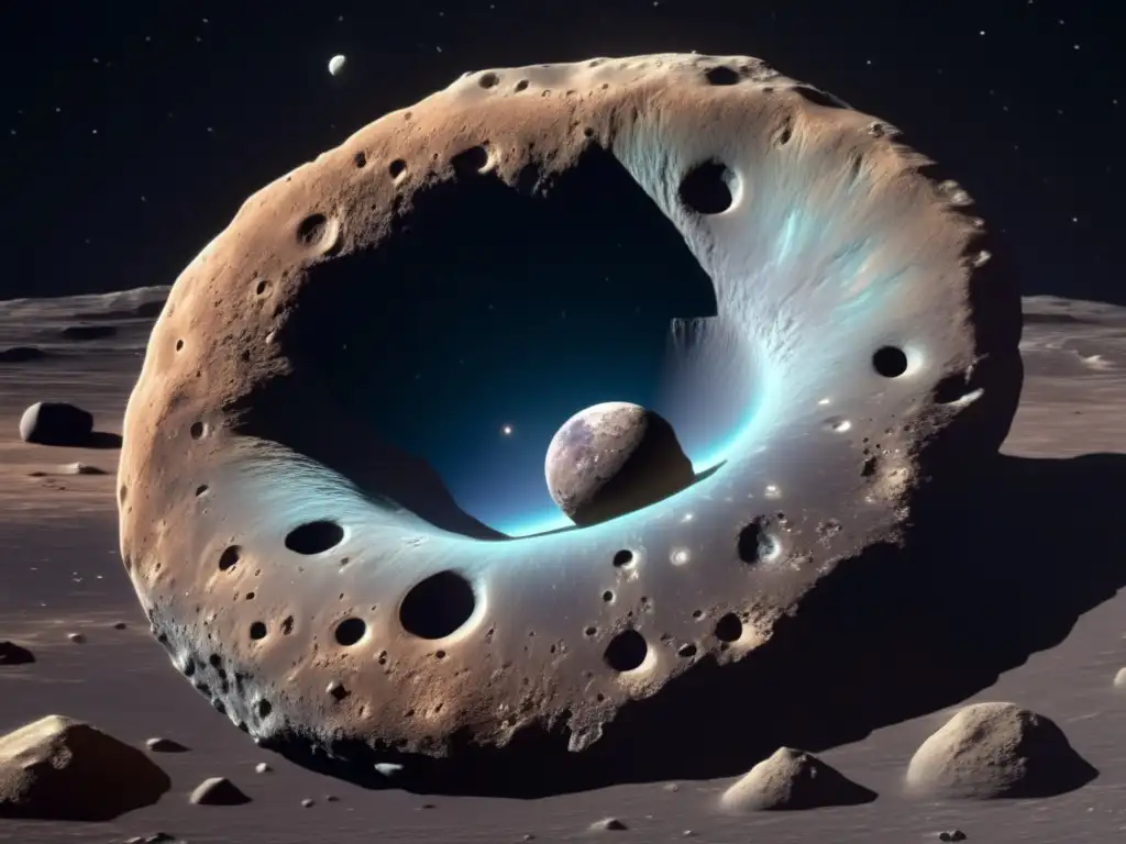 Asteroide antiguo con agua y cráteres Búsqueda de agua en asteroides tipo C: Asteroida con superficie rocosa, cráteres, hielo y agua, en un paisaje espacial amplio y profundo