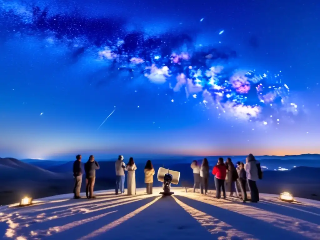 Astrónomos observando el cielo estrellado Búsqueda de asteroides desconocidos bajo un cielo estrellado con astrónomos observando