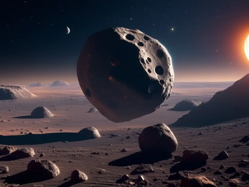 Sonda espacial explorando asteroide Búsqueda de asteroides desconocidos: imagen detallada de una sonda espacial explorando un asteroide, revelando cráteres, crestas y rocas