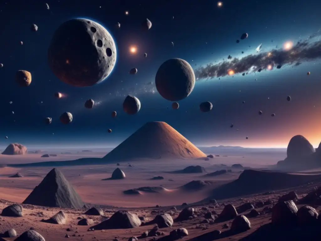 Fascinante mundo de asteroides Búsqueda de asteroides desconocidos en un paisaje espacial fascinante con gran detalle y colores vibrantes