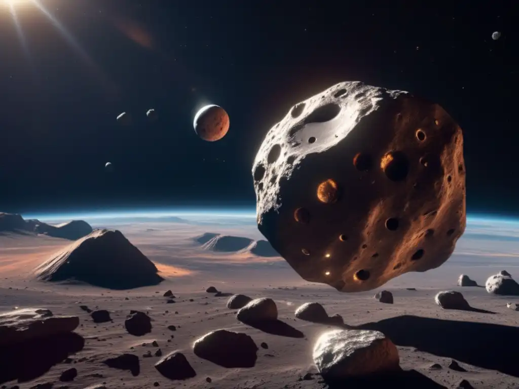 Asteroida en espacio: recolección de muestras Búsqueda compuestos orgánicos en asteroides: imagen detallada de asteroide en espacio, con robot recolectando muestras y nave espacial avanzada