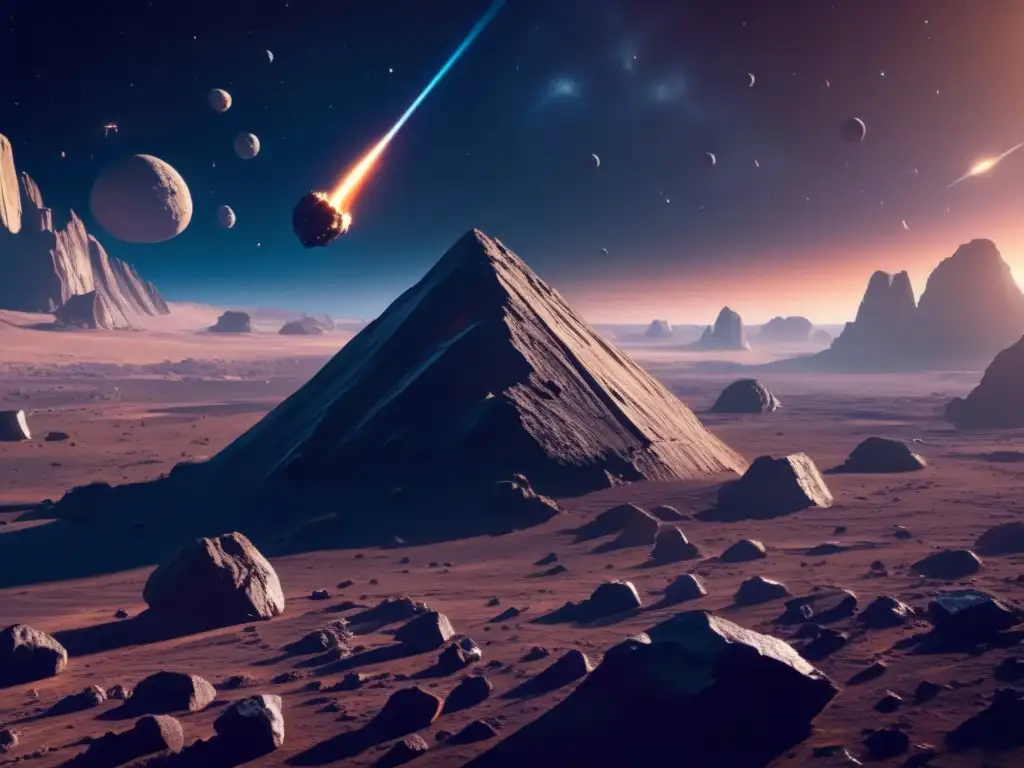 Exploración científica en campo de asteroides Búsqueda de compuestos orgánicos en asteroides: Imagen detallada de un campo de asteroides, con una nave espacial futurista y científicos en acción