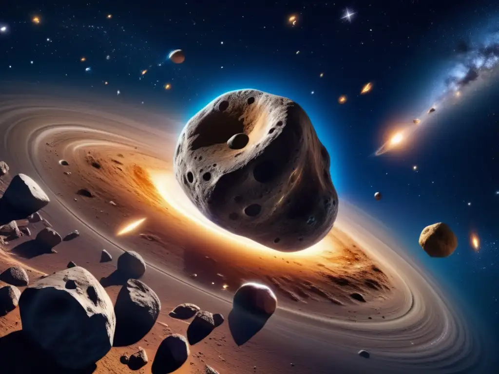 Búsqueda vida extraterrestre asteroides: Imagen 8k detallada muestra galaxias, asteroides orbitando y colores metálicos