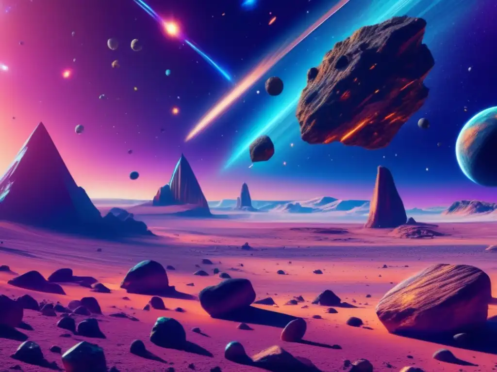 Exploración de vida en asteroides Búsqueda vida extraterrestre en asteroides: Imagen 8k detallada muestra vasto espacio con asteroides de distintos tamaños y formas, y nave futurista equipada para su búsqueda