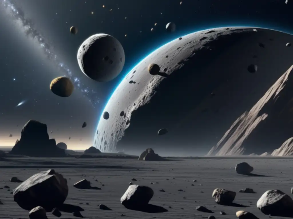 Exploración en el cinturón de asteroides Búsqueda vida extraterrestre en asteroides - Nave espacial explorando un vasto cinturón de asteroides