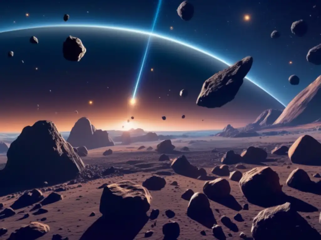 Asteroides majestuosos en el espacio Búsqueda vida extraterrestre en asteroides: Vista impactante de un vasto campo de asteroides, con variedad de formas, texturas y colores