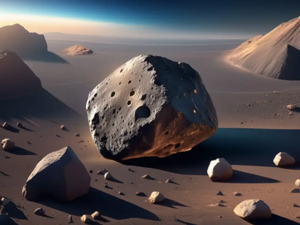 Fascinante vista de asteroide Bennu y nave espacial OSIRISREx Bennu: Búsqueda de respuestas en asteroides, superficie cautivadora, terreno diverso, OSIRISREx recolectando muestras