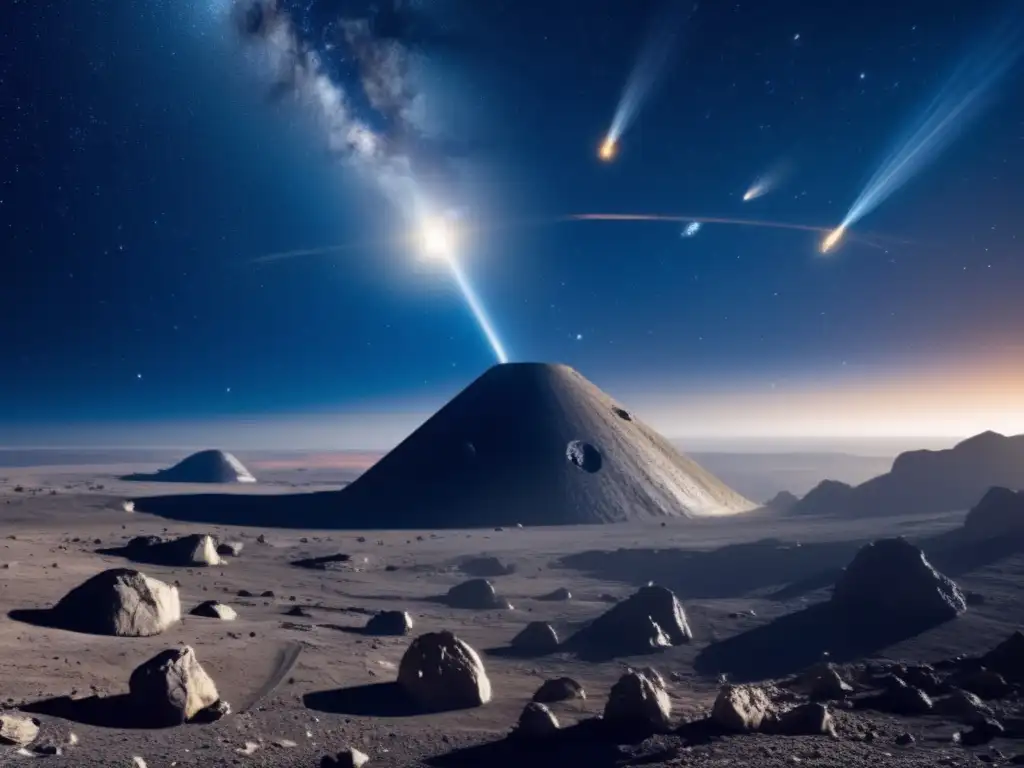 Espacio minero: asteroide y nave minera Búsqueda de riquezas en asteroides S: imagen espectacular del espacio, con asteroides, nave minera y colores vibrantes