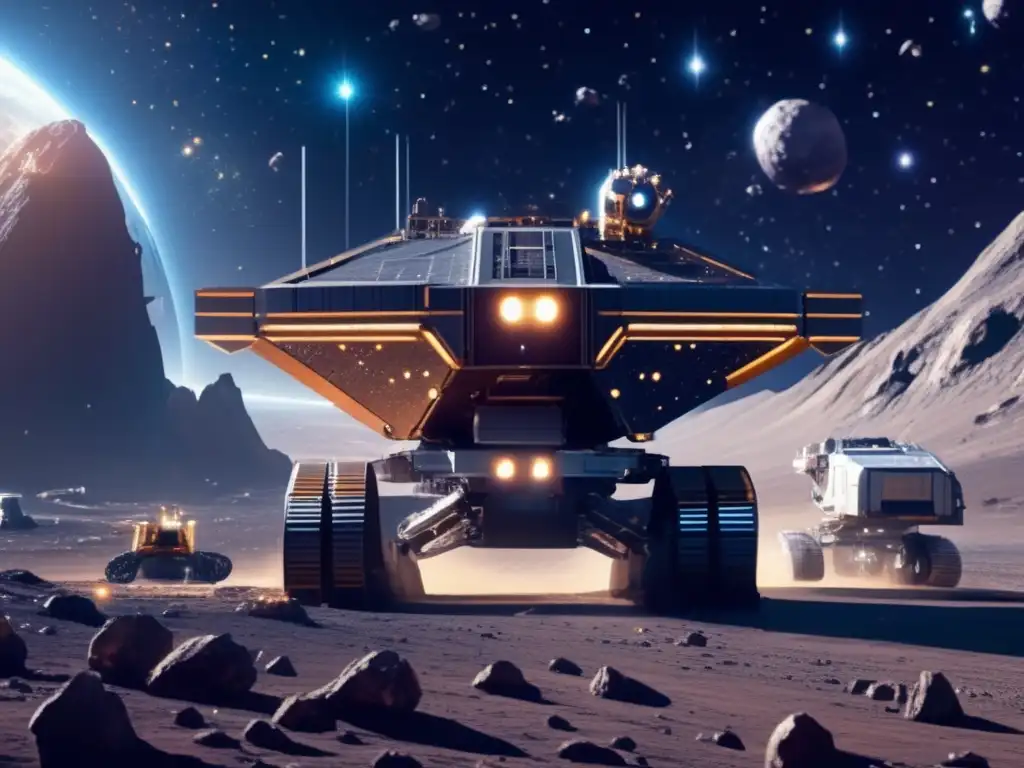Minería espacial futurista en asteroide Búsqueda de riquezas en asteroides: Operación minera futurista en el espacio profundo