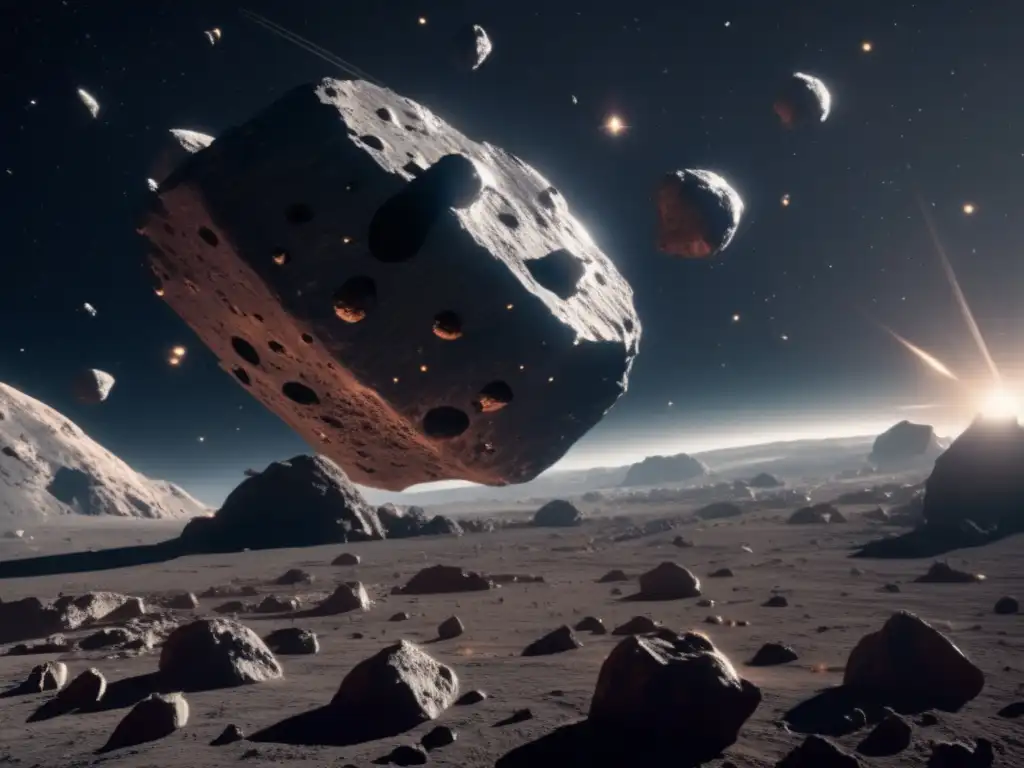 Asteroides brillantes en el espacio Búsqueda de riquezas en asteroides S: Vista impresionante de campo vasto de asteroides en espacio, con nave minera y diamantes incrustados