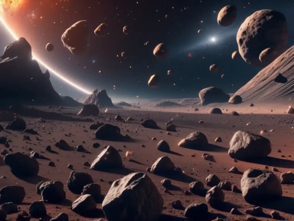 Campo de asteroides en el espacio Búsqueda de riquezas en asteroides S: Campo de asteroides en el espacio exterior, con asteroides pequeños y grandes flotando en una vasta oscuridad