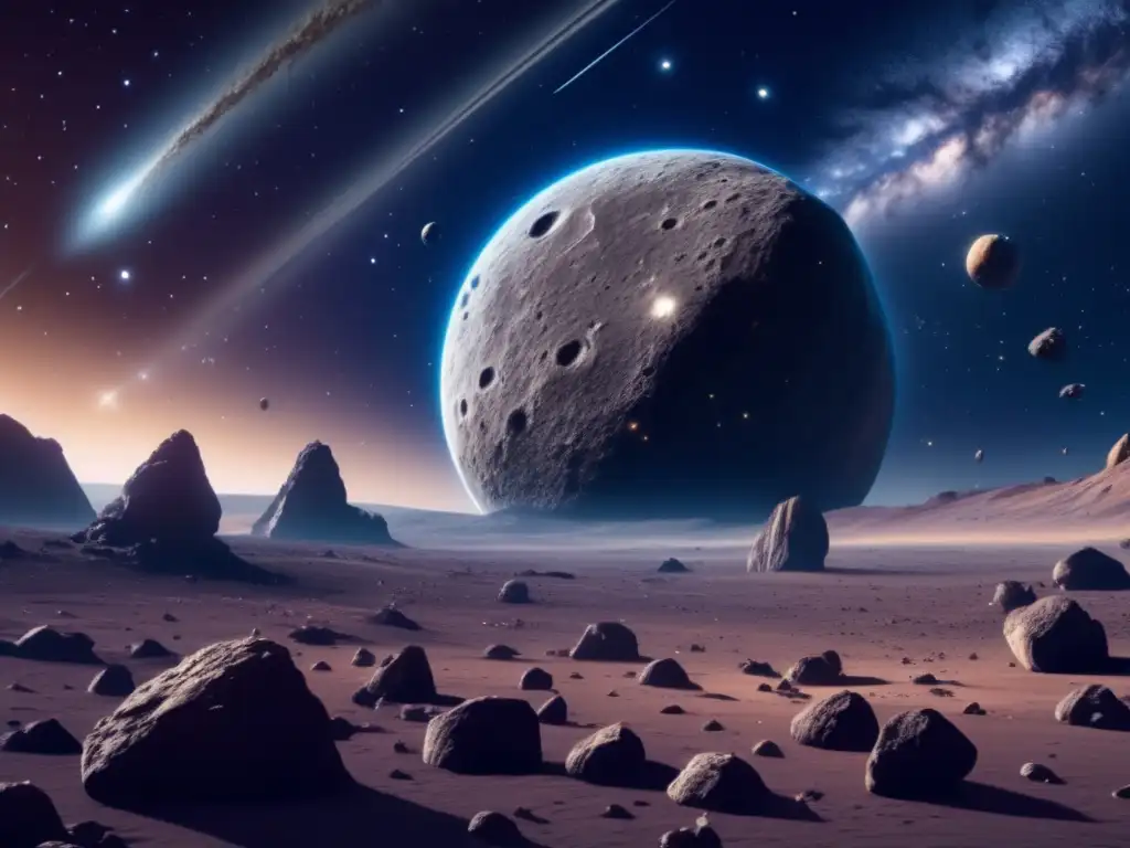 Espacio infinito: asteroides y riquezas Búsqueda de riquezas en asteroides S: Escena asombrosa de espacio con estrellas, galaxias y campo de asteroides Stype