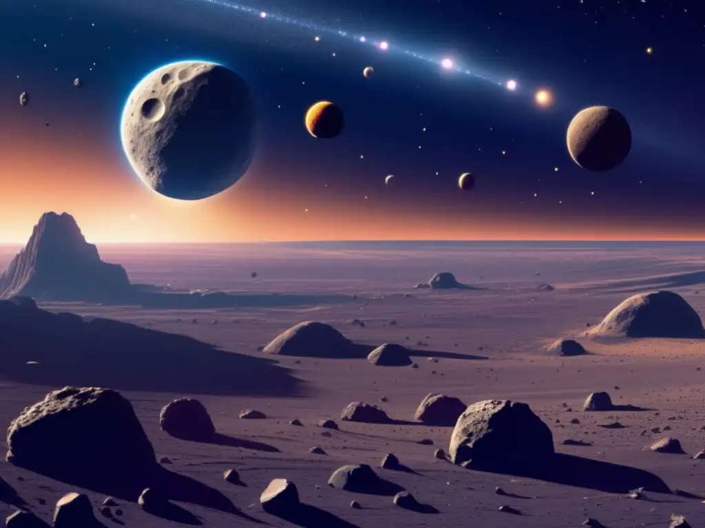 Aventura espacial: la mina de asteroides Búsqueda de riquezas en asteroides S: vasto espacio con cinturón de asteroides, nave minera y tecnología avanzada
