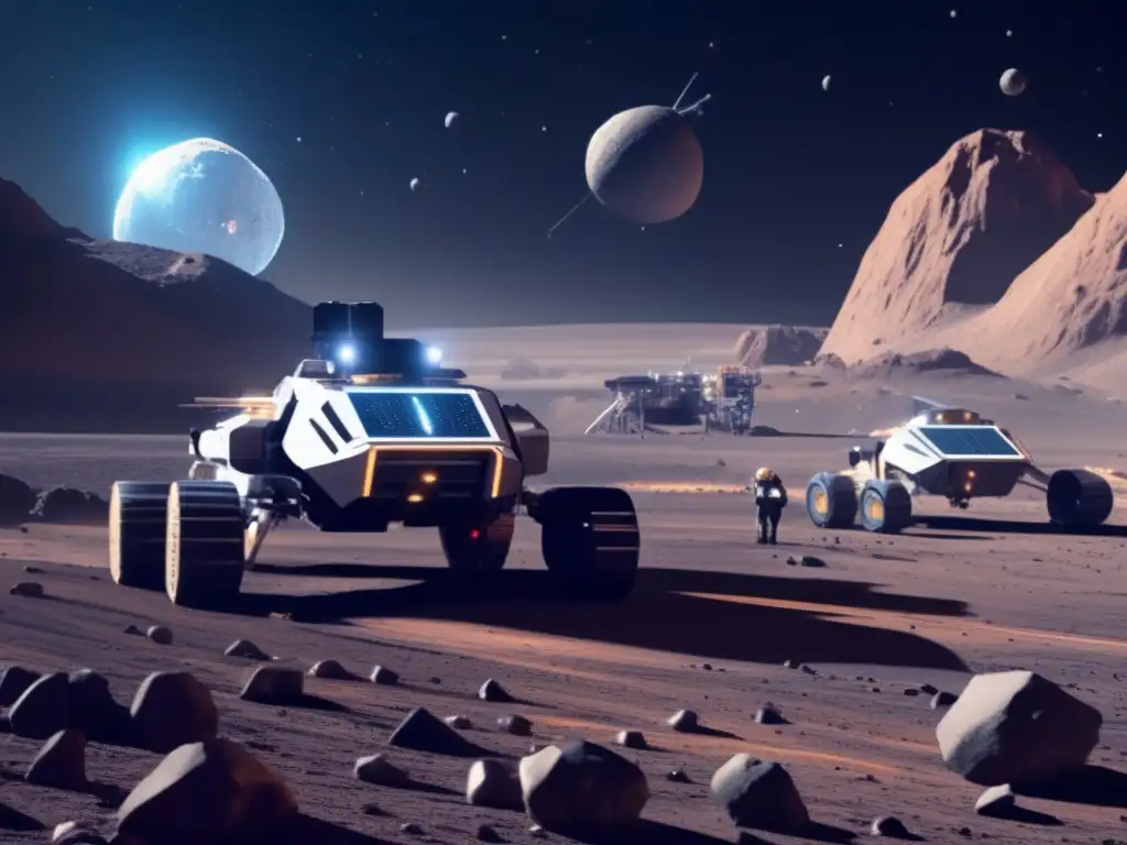 Minería espacial futurista en asteroide Cadena de Valor de Asteroides: Operación futurista de minería espacial en un asteroide, con drones robóticos avanzados recolectando recursos valiosos