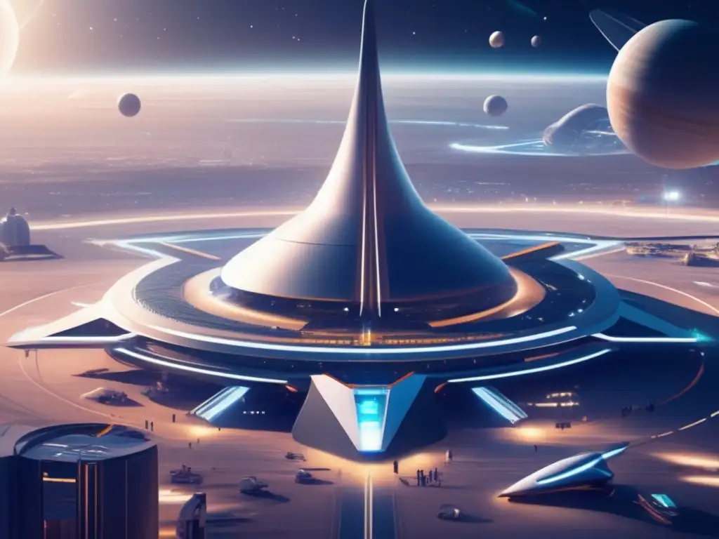 Spaceport futurista en el cosmos Cadena de Valor de Asteroides: Una imagen ultradetallada muestra un bullicioso puerto espacial rodeado de la vastedad del universo
