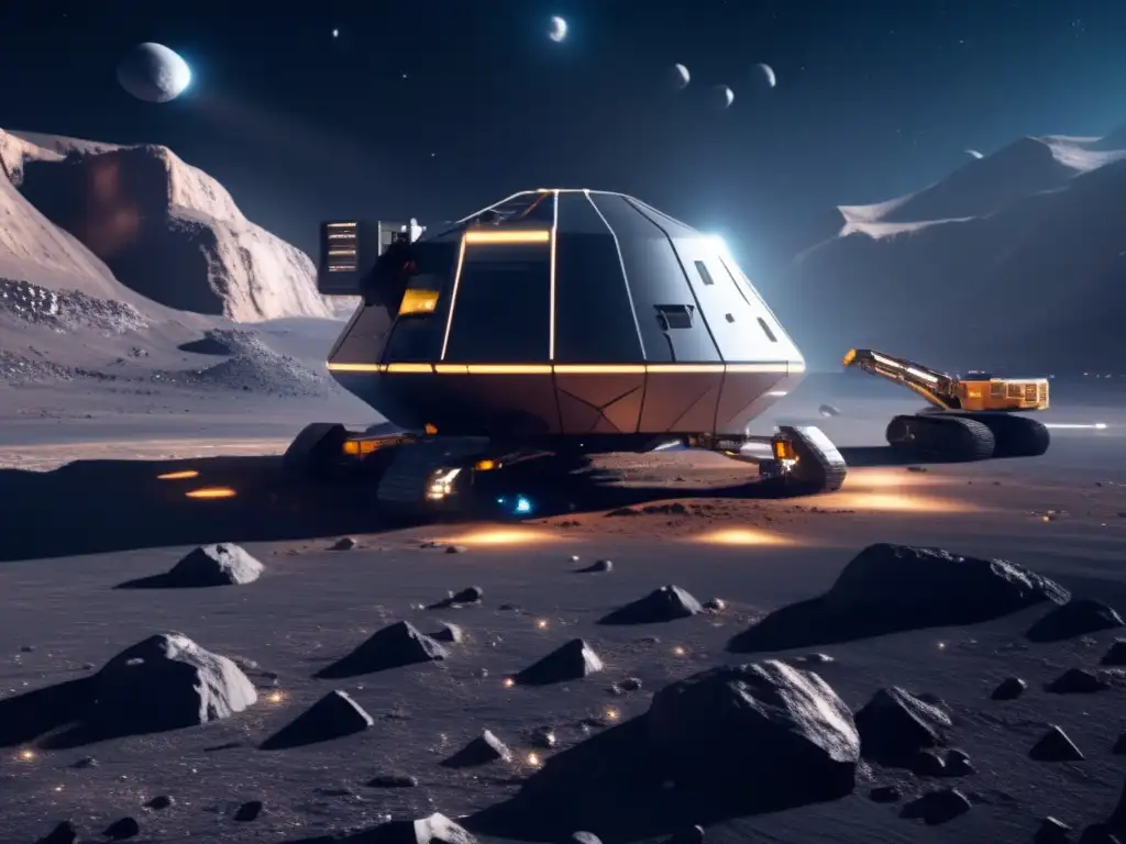 Futuro minero espacial en asteroide Cadena de Valor de Asteroides: Operación minera espacial futurista en un asteroide, con equipo avanzado y tecnología de vanguardia