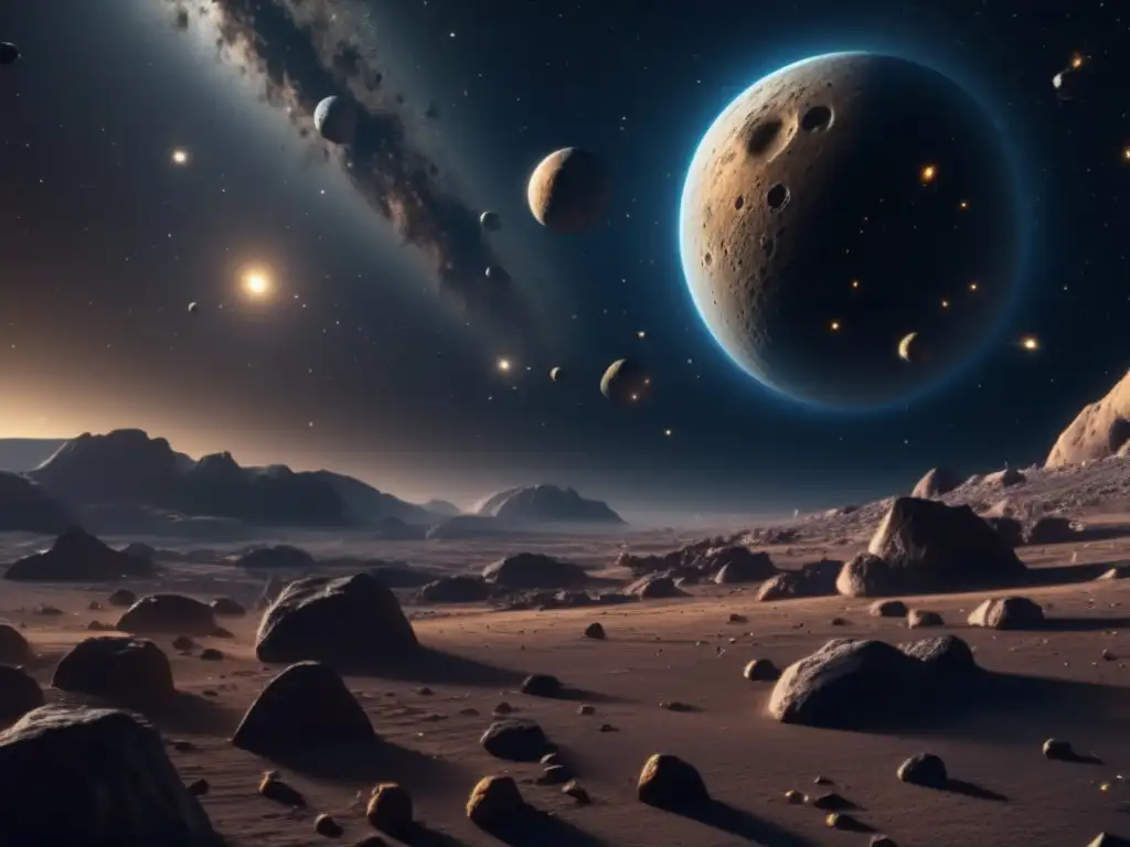 Asteroid belt: riquezas cósmicas Cadena de Valor de Asteroides: Paisaje celeste de asteroides relucientes en 8k, con una nave minera lista para extraer recursos cósmicos