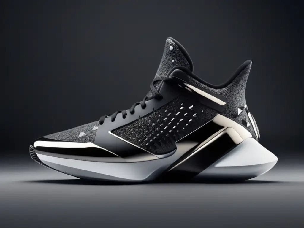Zapato futurista inspirado en asteroides Calzado de diseñador inspirado en asteroides con silueta elegante y futurista, tonos plateados y negros, y detalles de texturas de asteroides