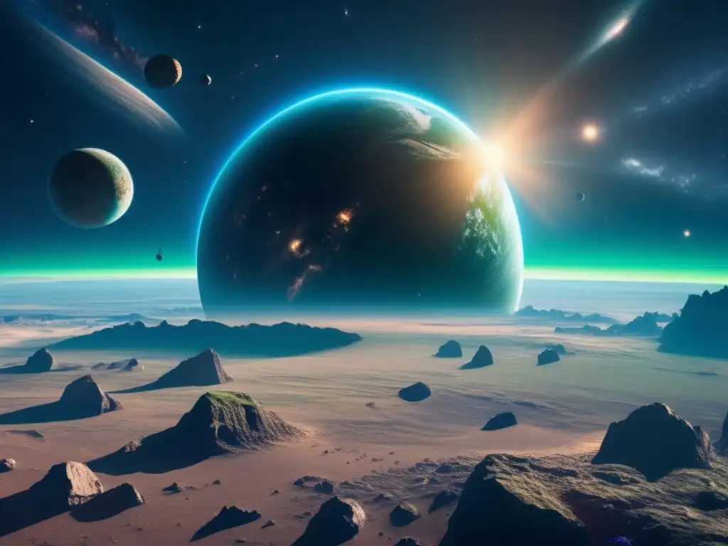 Cambios percepción humanidad era espacial: imagen asombrosa 8k muestra espacio con la Tierra en el centro, rodeada de asteroides únicos y vibrantes