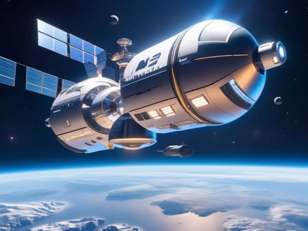 Estación espacial capturando asteroide Captura de asteroides para futura seguridad en estación espacial flotante con vistas cósmicas, tecnología avanzada y equilibrio ecológico