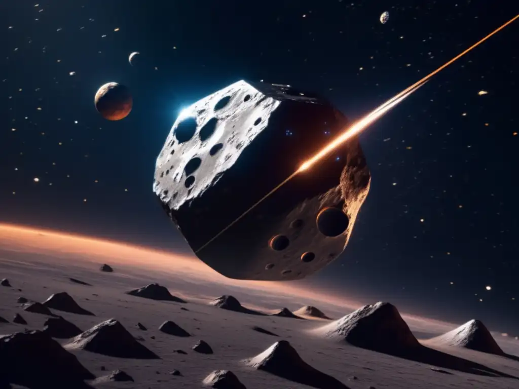 Nave espacial futurista capturando asteroide Captura de asteroides para futura seguridad: nave futurista capturando asteroide, tecnología avanzada y misión crucial