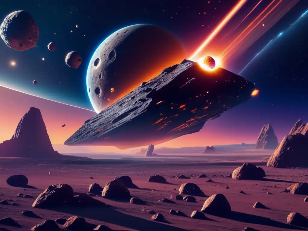 Futurista escena espacial con asteroides Captura de la emoción y potencial de la exploración de asteroides como recursos