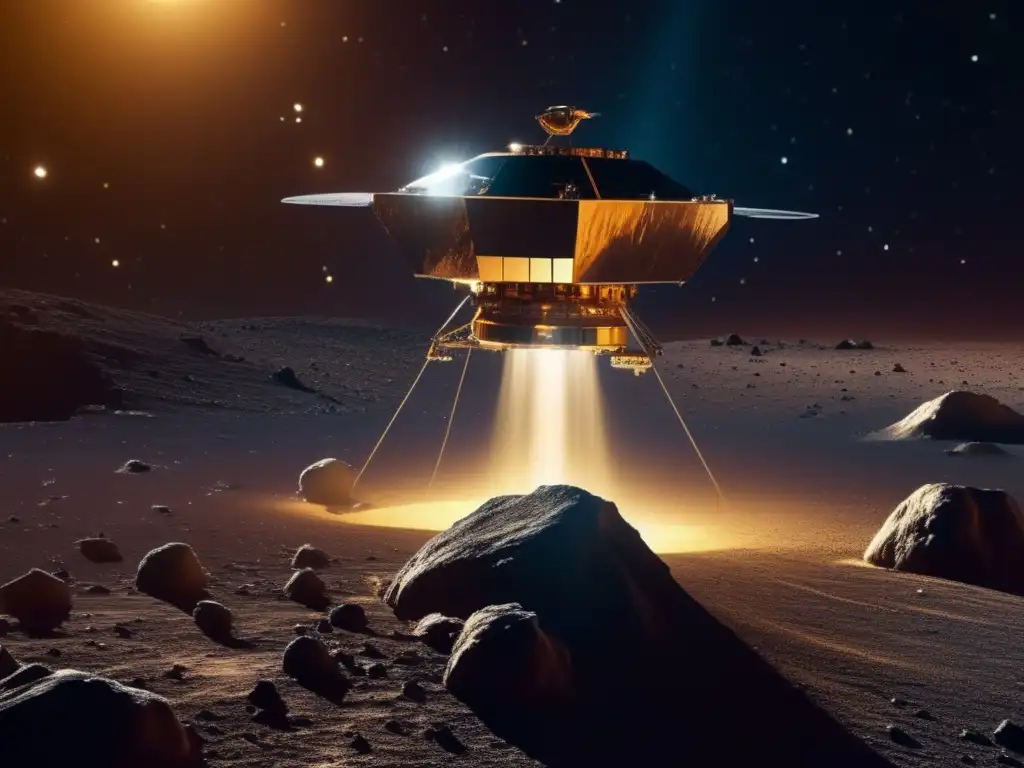Captura de polvo cósmico en carrera espacial: sonda futurista recolectando partículas sobre cometa