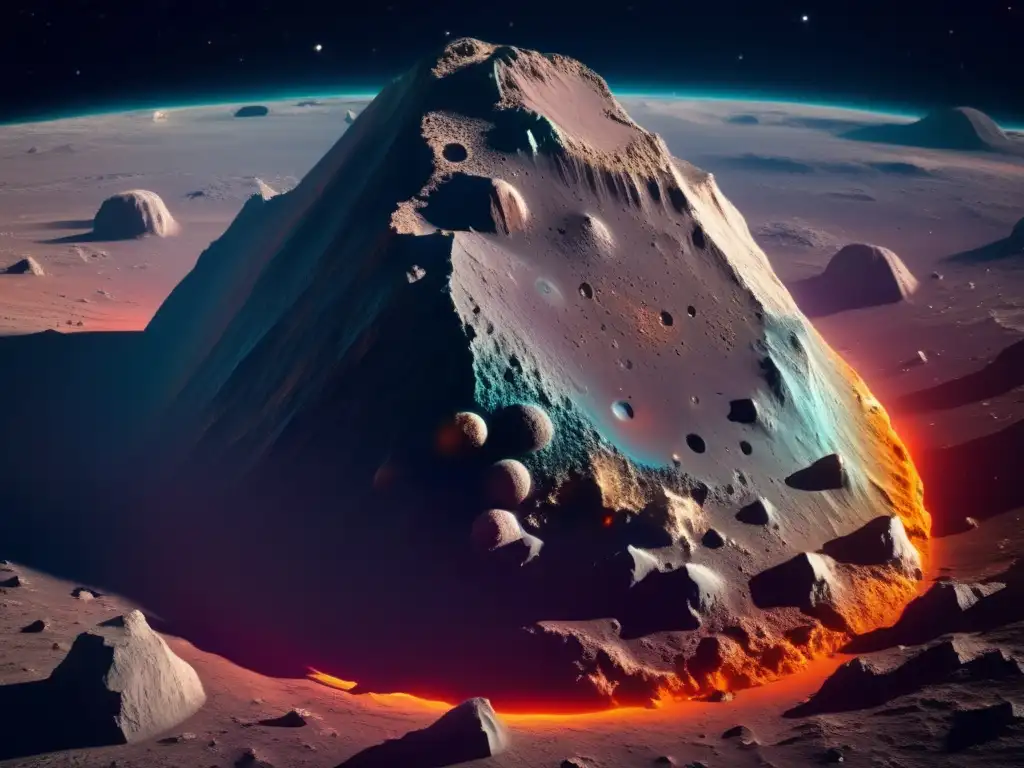Asteroide montañoso en el espacio Características distintivas de asteroides: Asteroide 8k con forma de montañas rugosas y colores vibrantes en el espacio