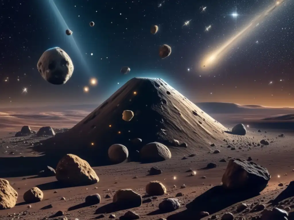 Asteroid belt: tipos y características Características distintivas de asteroides: imagen 8k muestra tipos C, S y M con superficies rugosas, reflectantes y metálicas
