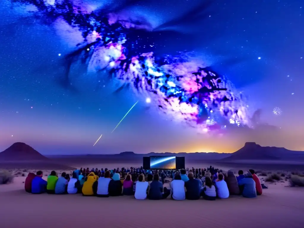 Cielo estrellado en el desierto con voluntarios estudiando asteroides Carrera por entender asteroides en el desierto estrellado