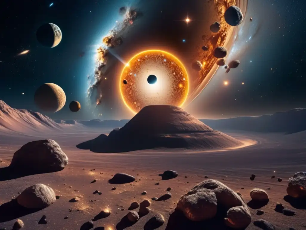 Asteroida majestuoso rodeado de galaxia Carrera para entender asteroides: Vasto universo, asteroide majestuoso, galaxia, cráteres, belleza celestial (110 caracteres)