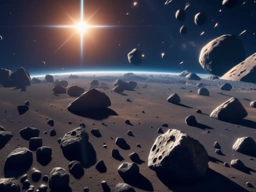 Asteroide field: belleza y exploración futurista Carrera espacial asteroides ultra primitivos: imagen impresionante de campo de asteroides con texturas realistas y nave espacial futurista