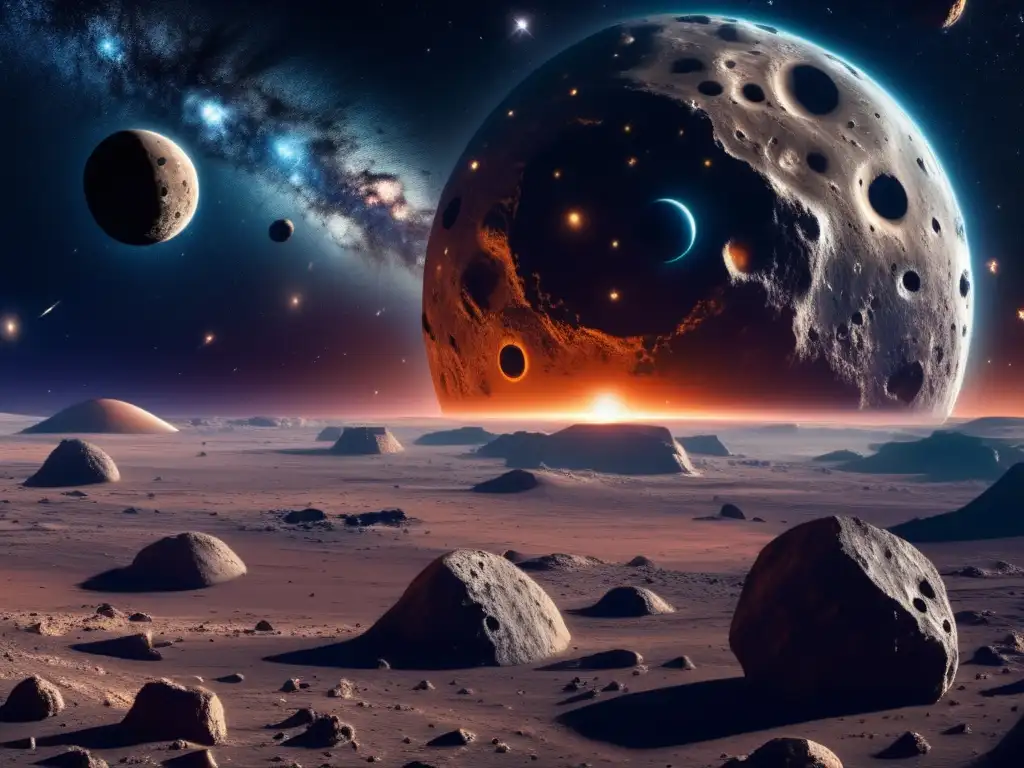 Carrera por asteroides: naves y estrellas Carrera espacial asteroides ultra primitivos: Imagen 8k impresionante de vasto espacio estelar, asteroides, naves y tecnología avanzada