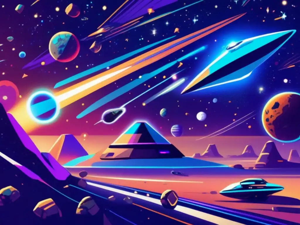 Carrera espacial futurista entre asteroides Carrera espacial entre naves espaciales en búsqueda de recursos troyanos