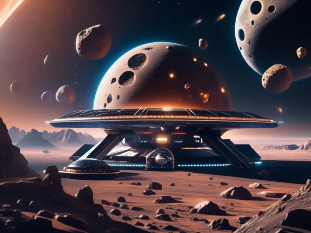 Estación espacial futurista en asteroide Carrera espacial recursos troyanos: Estación espacial futurista orbitando asteroide, minando recursos en el espacio