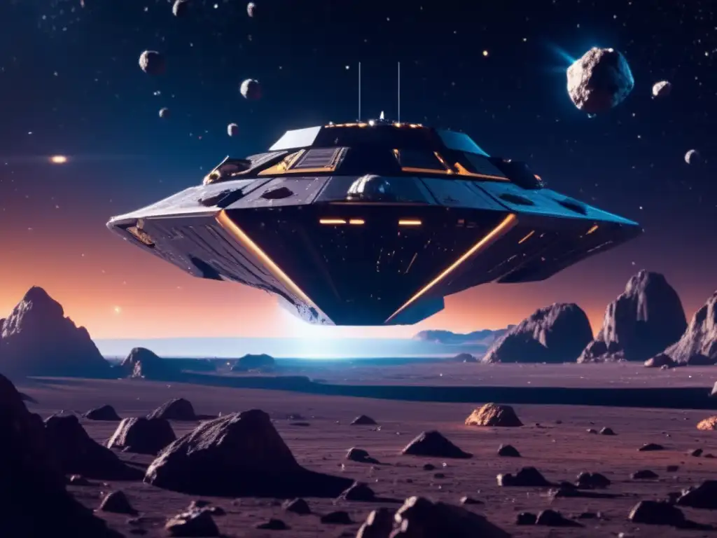 Asteroide flotando en espacio con nave espacial minera Carrera internacional derechos mineros asteroides: Asteroides en el espacio, minerales valiosos y competencia por su explotación