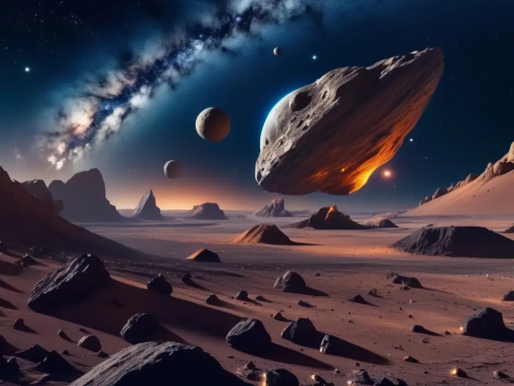 Carrera espacial por recursos Carrera internacional derechos mineros asteroides: Imagen impactante 8k del espacio, asteroide gigante rodeado por naves mineras futuristas