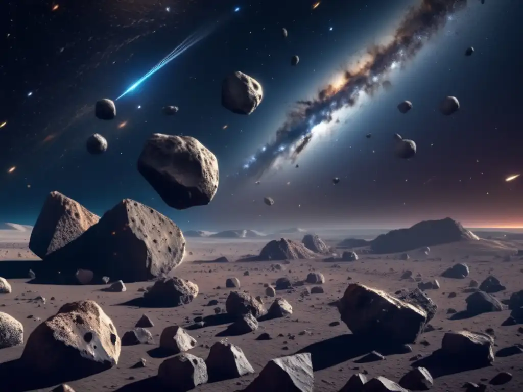 Majestuosos asteroides en cosmos Carrera internacional derechos mineros asteroides: Imagen impactante de campo de asteroides 8k, con variedad de formas y tamaños