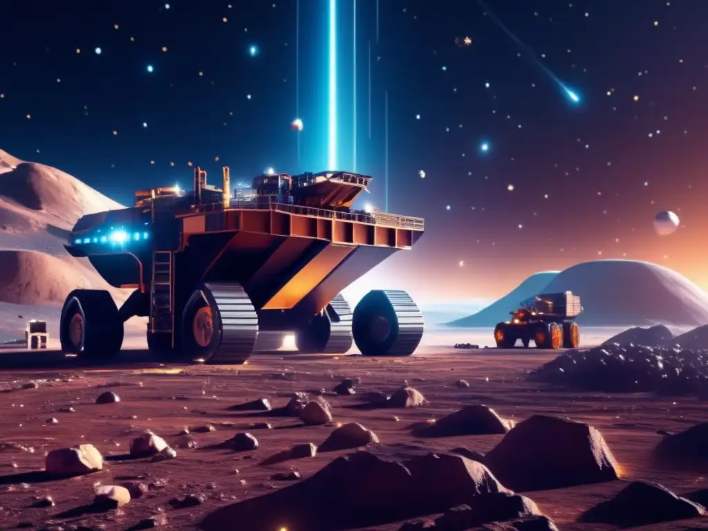 Casos de estudio extracción asteroides éxito: Operación minera futurista en un asteroide con maquinaria avanzada y eficiente