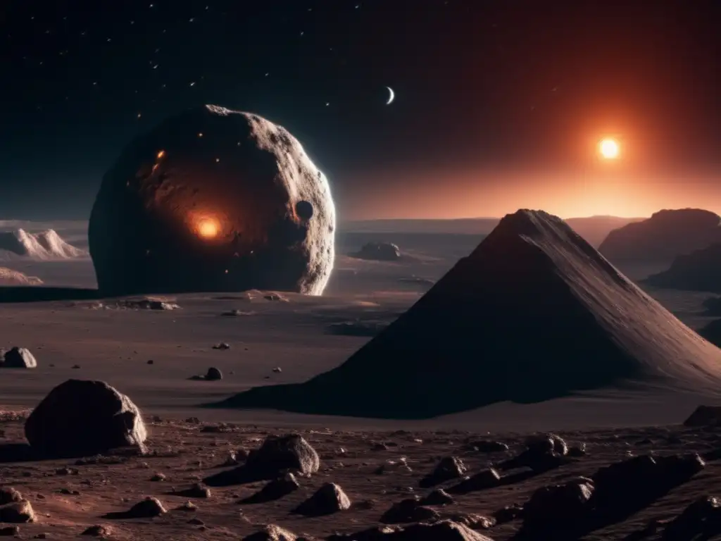 Una nave espacial captura un asombroso asteroide en el espacio Caza de muestras de asteroides en el espacio: imagen 8K muestra un impresionante paisaje con asteroide y nave espacial