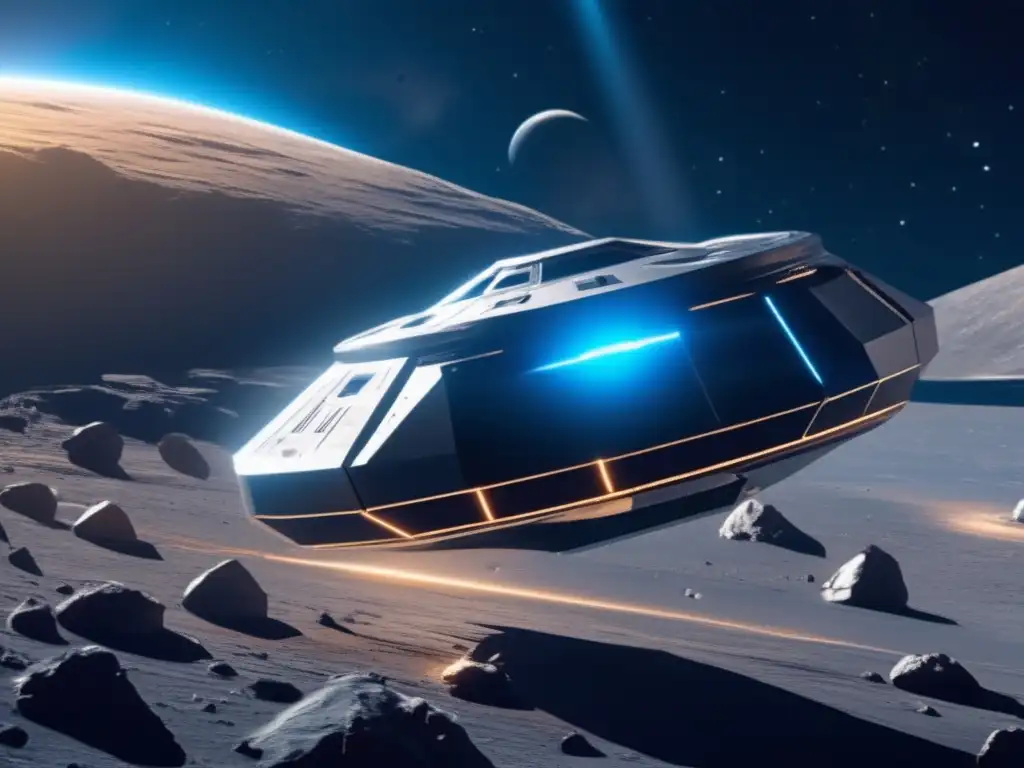 Misión espacial a asteroide: recolección de muestras Caza de muestras de asteroides: nave espacial en un asteroide con diseño moderno, superficie rugosa iluminada por el sol y brazo robótico extendido