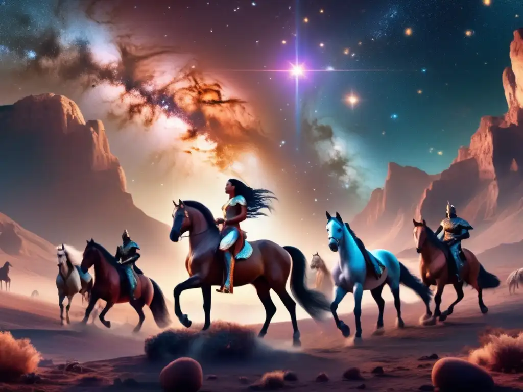 Centauros emergiendo de nebulosa Centauros, seres mitológicos, en paisaje celeste con estrellas, asteroides y cometas